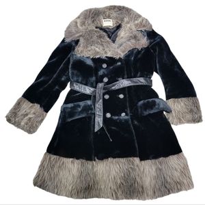 Vintage Borg Union Made Black 3/4 Length Tie Waist Vegan Fur Coat Custom Size